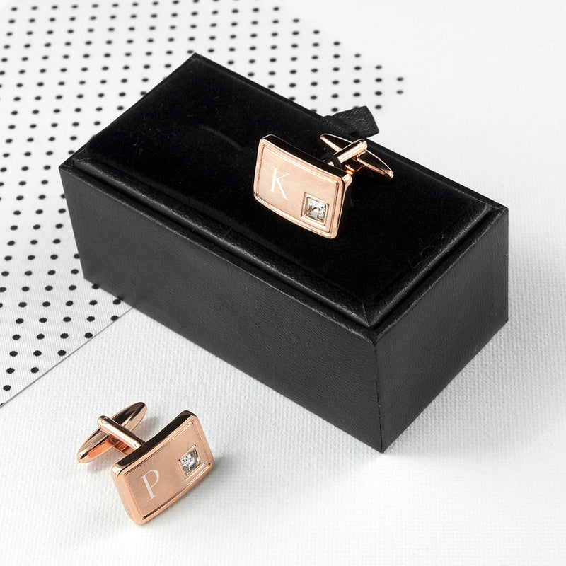 PERSONALISED ROSE GOLD PLATED CUFFLINKS WITH CRYSTAL