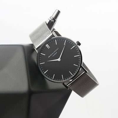 PERSONALISED MEN'S METALLIC SILVER WATCH WITH BLACK FACE