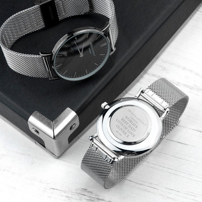 PERSONALISED MEN'S METALLIC SILVER WATCH WITH BLACK FACE
