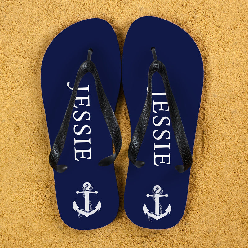 Anchor Style Personalised Flip Flops In Blue And White by Really Cool Gifts Really Cool Gifts