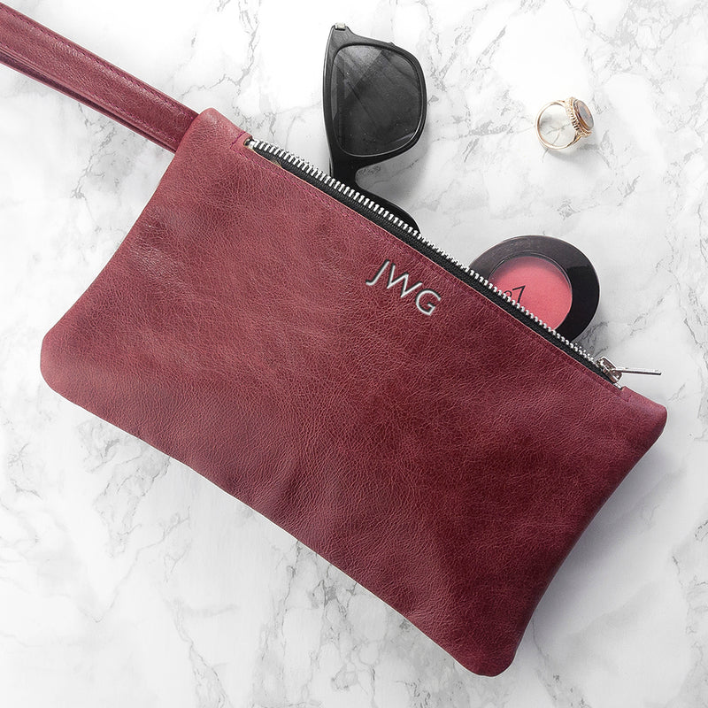 Monogrammed Burgundy Leather Clutch Bag by Really Cool Gifts Really Cool Gifts