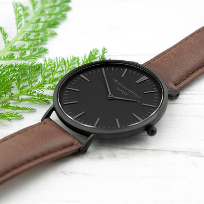 Men's Modern-vintage Personalised Watch With Black Face In Brown by Really Cool Gifts Really Cool Gifts