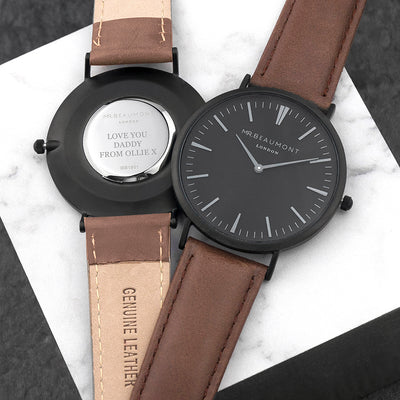 Men's Modern-vintage Personalised Watch With Black Face In Brown by Really Cool Gifts Really Cool Gifts