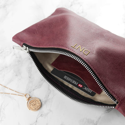 Monogrammed Burgundy Leather Clutch Bag by Really Cool Gifts Really Cool Gifts