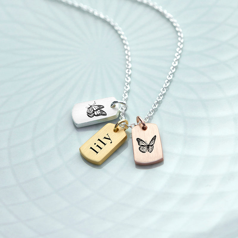 Personalised Name And Butterfly Mini Tag Necklace by Really Cool Gifts Really Cool Gifts